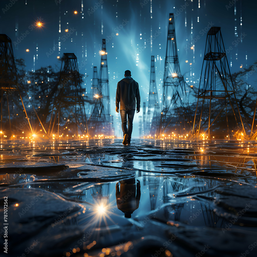 Silhouette of a man standing in the middle of a puddle on the background of oil derrick.