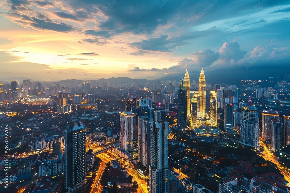 This aerial photograph captures the bustling nighttime scene of a city, showcasing its illuminated buildings and busy streets, Aerial view of vibrant Kuala Lumpur at dusk, AI Generated