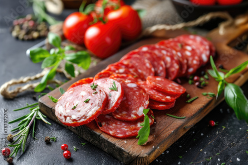 Pepperoni sausage slices on wooden board. Raw smoked sausage with cherry tomatoes, herbs and spices. Meat snack