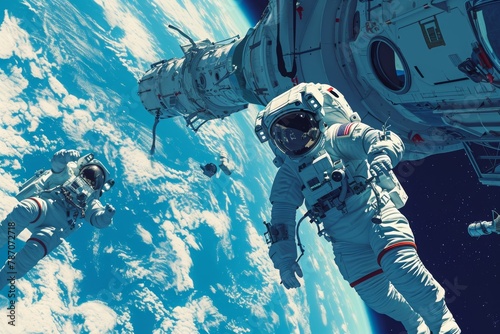 Two astronauts are floating beside each other in the vastness of space, Afitness training scene in space, with astronauts and floating equipment, AI Generated