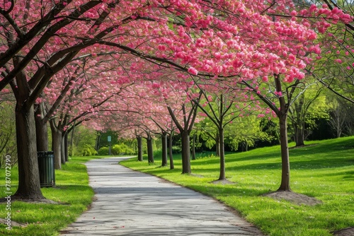 A pathway in a park is beautifully lined with pink trees, creating a vibrant and colorful scene, Alley lined with flowering dogwood trees in a spring park, AI Generated