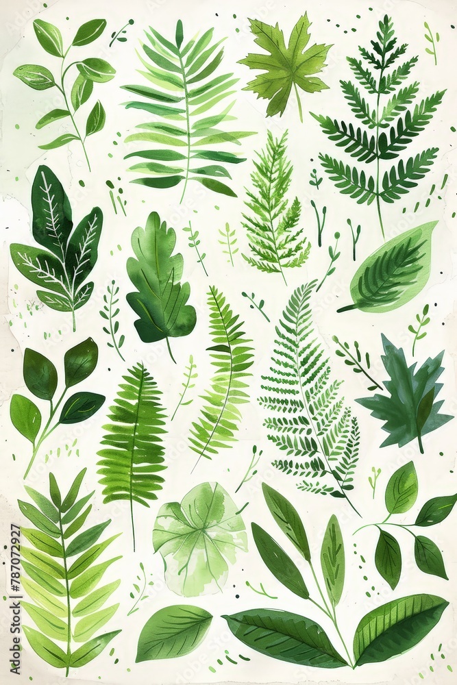A collection of watercolor illustrations featuring various green leaves, including ferns and other foliage. The botanical details and diverse selection offer a versatile set for creative designs.