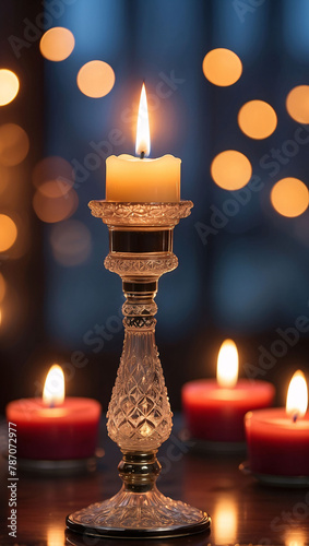 Burning candle in a glass candlestick with bokeh background