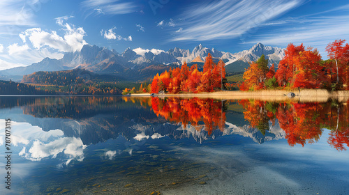tranquil waters ne'er the mountains with trees in autumn  photo