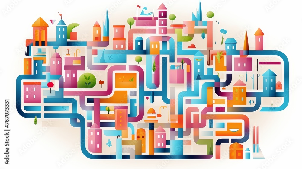 Abstract Vibrant Cityscape Maze Illustration
