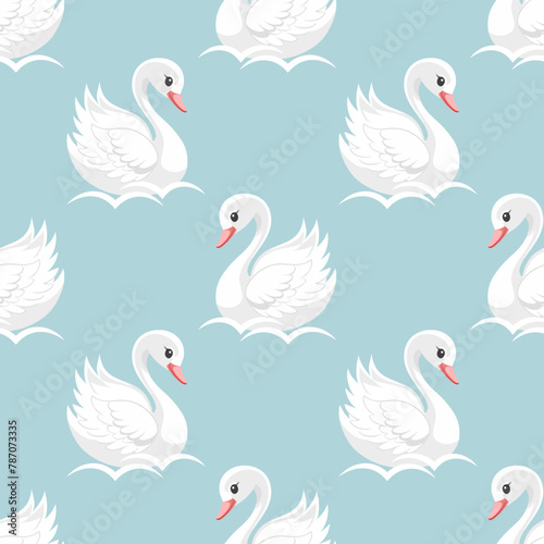 Seamless pattern, little swan princess on a blue background. Cute background for decorating a nursery bedroom. Vector