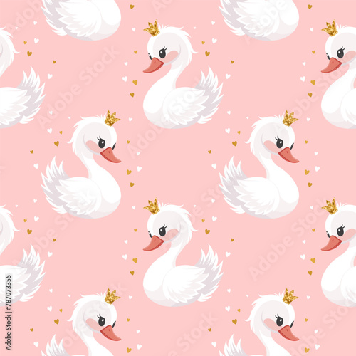 Seamless pattern  little swan princess with a golden crown on a pink background. Cute background for decorating a nursery bedroom. Vector