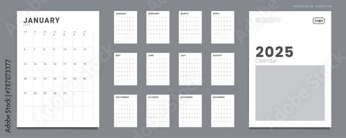 Set of 12 Pages Monthly Calendar Planner Templates on 2025 year. Vector mockup of a wall or desktop simple calendar with the week starting on Monday for printing. Page for size A4 -21x29.7 cm.