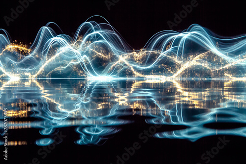 wavy of smoke and firework reflecting on the water, black background, abstract background or wallpaper,