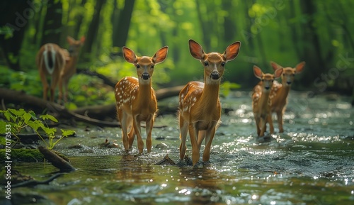 A group of deer wading in a forest stream surrounded by lush vegetation and grass, showcasing the beauty of the natural landscape