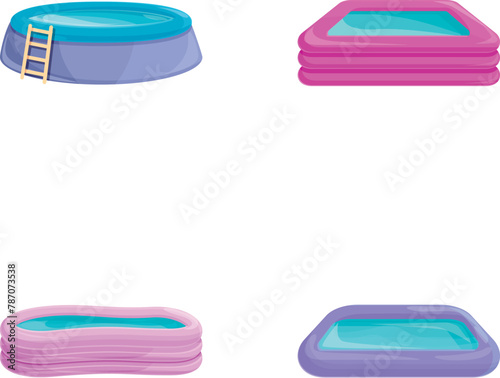 Swimming pool icons set cartoon vector. Inflatable pool of various shape. Summer vacation