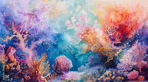 Capture the intricate beauty of a coral reef in vibrant watercolors, showcasing the fragile harmony between marine life and subconscious thoughts of existentialism