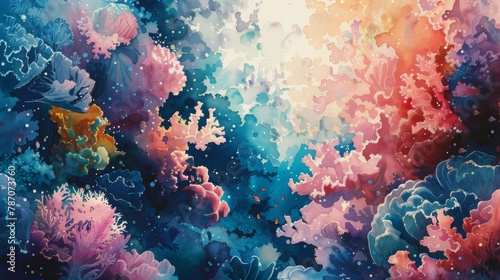 Capture the intricate beauty of a coral reef in vibrant watercolors, showcasing the fragile harmony between marine life and subconscious thoughts of existentialism