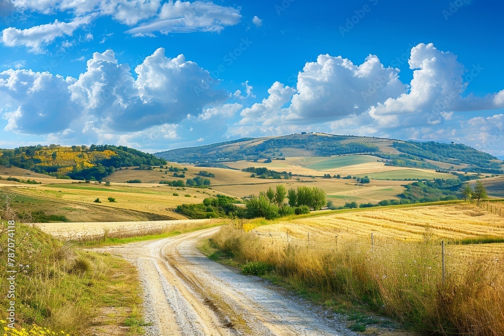 Breathtaking beautiful picturesque rural landscape with lush green fields and clear blue sky