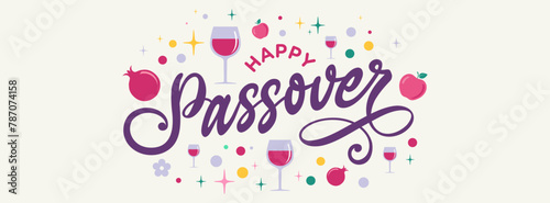 Happy Passover greeting card text design 
calligraphy lettering vector graphic illustration 
web banner, poster for Jewish holiday Pesah celebration concept