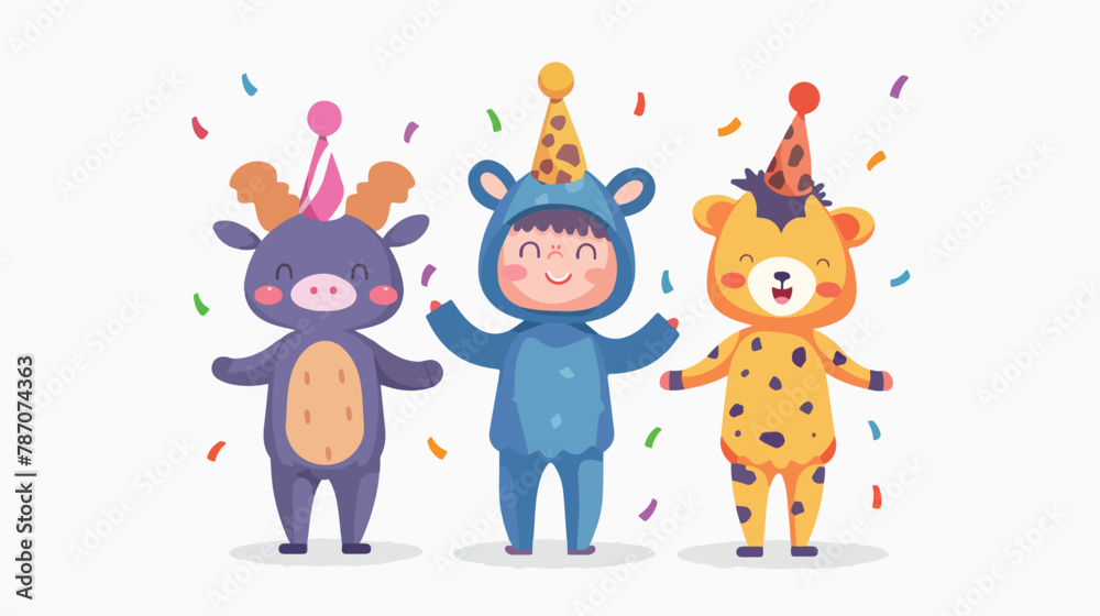 Happy cute kid wear animal party costume flat vector