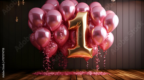 Number 1 gold balloon party decoration with ribbons and confetti. 3D Render © Wazir Design