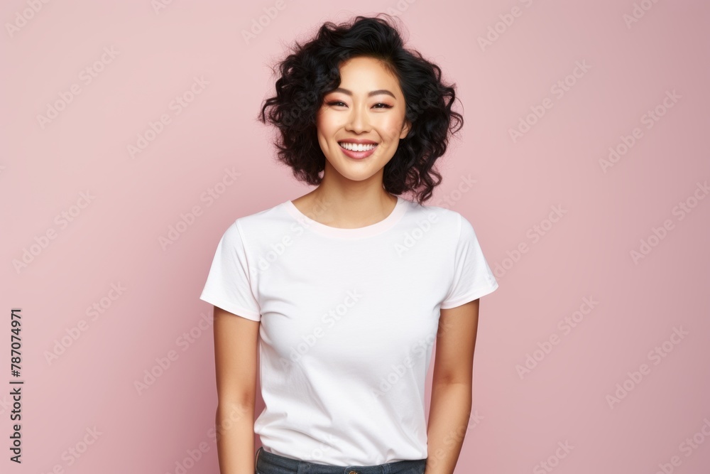 Portrait of a smiling asian woman in her 20s sporting a vintage band t-shirt isolated on soft pink background Portrait of a smiling asian woman in her 20s sporting a vintage band t-shirt isolated on soft pink background