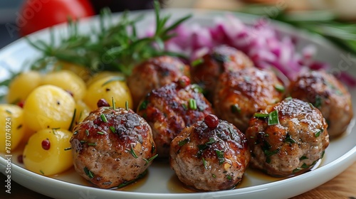 a dish of meat balls with potatoes and vegetables