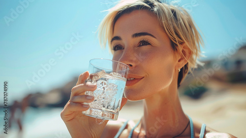 Hydration concept woman drinking water on sunny beach to stay refreshed and beat summer heat