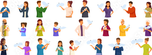 People holding white dove icons set cartoon vector. Peace symbol. Pigeon hope