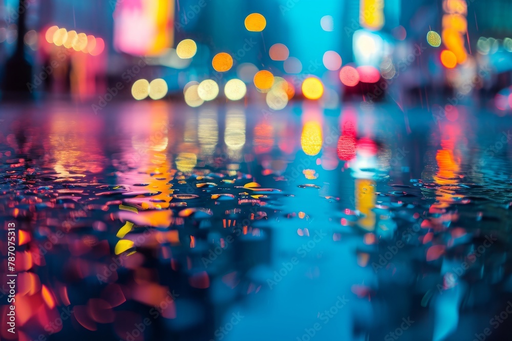 An out-of-focus photograph capturing the bustling activity and vibrant lights of a city street at night, An abstract perspective of city lights reflecting off of a late night rain, AI Generated