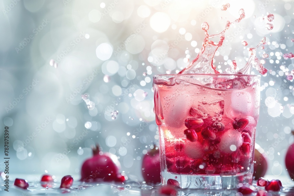 Refreshing Pomegranate Cocktail Splash on Shiny Surface Refreshing Pomegranate Cocktail Splash on Shiny Surface
