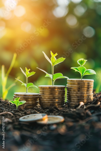 Young plant sprouting from a stack of coins in soil, symbolizing investment and growth.