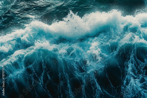 A photo capturing a vast expanse of water with numerous blue waves in motion, An abstract representation of a wave breaking in the sea, AI Generated