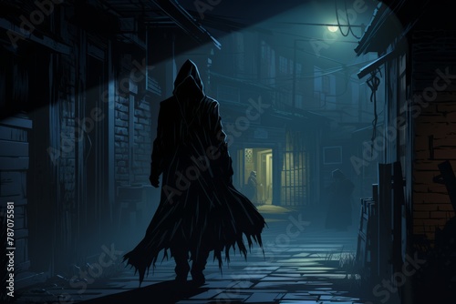 A mysterious cloaked figure lurking in the shadows of a narrow alleyway