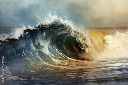 An artwork depicting the powerful force of a massive ocean wave crashing against the shore, An abstract representation of a wave breaking in the sea, AI Generated photo