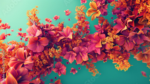 Fiery 3D blossoms in shades of pink ignite a tranquil turquoise scene.