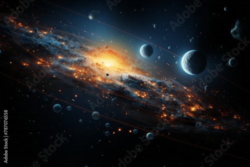 A space scene featuring a planetary system with multiple planets and stars. The planets are seen orbiting around a central star  creating a captivating celestial display