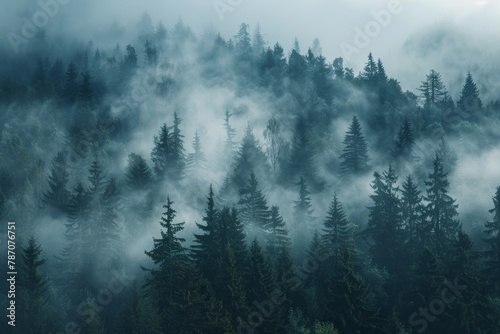 Misty mountain forest, ideal for active hiking adventures and outdoor exploration.