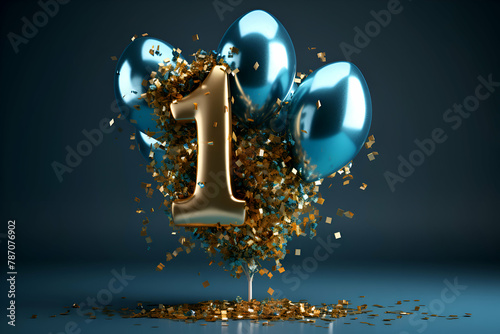 Number one on a blue balloon with golden confetti. 3D Render