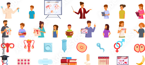 Sexual education icons set cartoon vector. Health reproductive. Promote anatomy