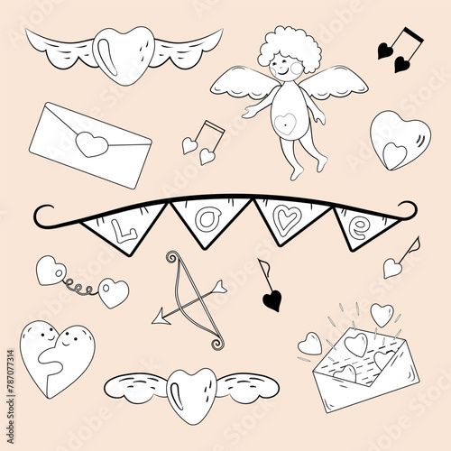 Love set. Cartoon illustrations with heart elements. Black and white on pastel background