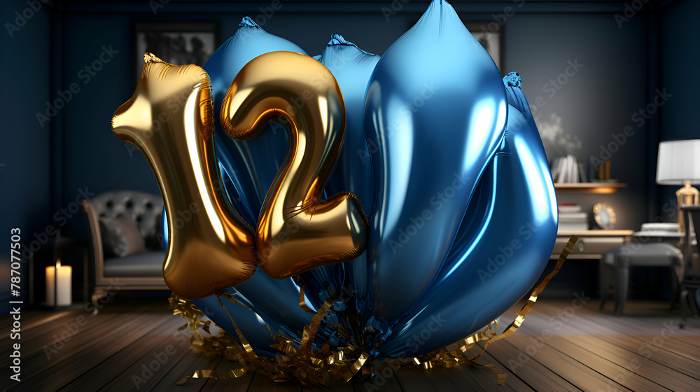 2nd birthday celebration with gold and blue balloons   3D Rendering