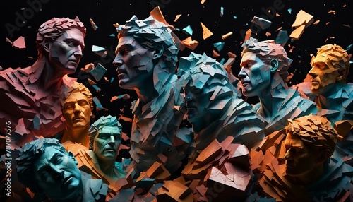 shattered statues of people