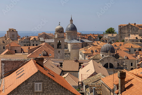 Aerial view of Old Town (Stari Grad) from medieval city ​​wall by Adriatic Sea, Dubrovnik, Croatia photo