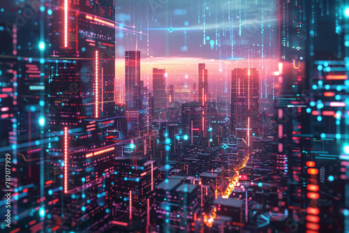 Blockchain technology depicted in a futuristic cyberpunk style, revolutionizing, amidst neon-lit cityscapes