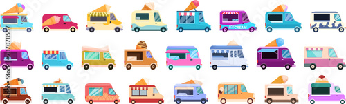 Ice cream truck icons set cartoon vector. Van roof dessert. Street food