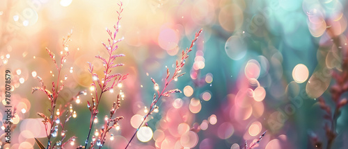 Banner with pink heather blossoms on shiny bokeh background. Generative AI photo