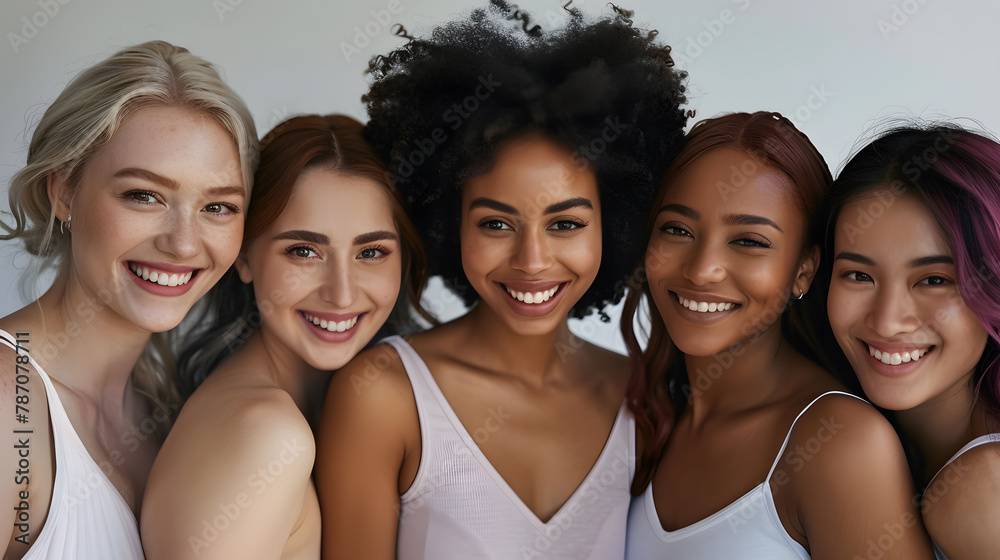 Beautiful smiling women with different skin and hair color are posing close to each other. Multicultural diversity Beautiful smiling women with different skin and hair color are posing close to each other. Multicultural diversity