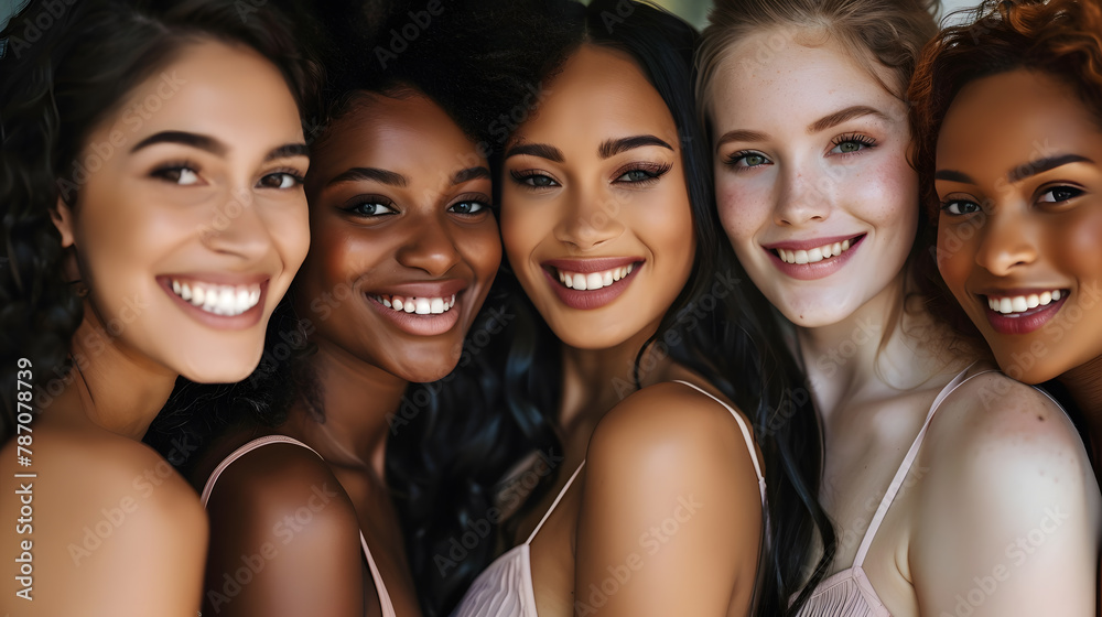 Obraz premium Beautiful smiling women with different skin and hair color are posing close to each other. Multicultural diversity