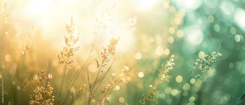 Banner with heather blossoms on shiny bokeh background. Generative AI
