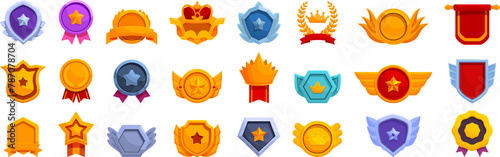Royal trophy medal icons set cartoon vector. Shape badge. Star level rank © nsit0108