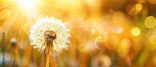 Modern minimal banner with glowing dandelion with sparkling seeds on sunny nature bokeh background. Copy space. Generative AI