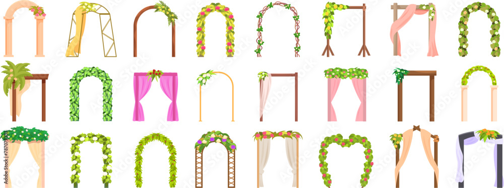 Romantic wedding arch icons set cartoon vector. Party decoration. Marriage ceremony