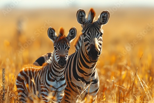 Two zebras are peacefully grazing next to each other in the grassland of an ecoregion  creating a beautiful natural landscape in the plain
